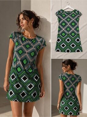 White Green Navy Geometric Pattern Dress Chic Printed Dress Medium